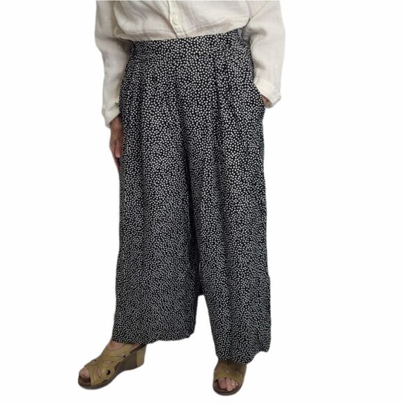 VINTAGE 90s pants black‎ printed high waist palazzo wide leg L - Picture 1 of 9